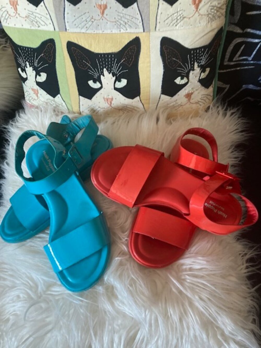 2 Pairs of Fun Hush Puppies Sandals One Red Vinyl the other Turquoise Size 6